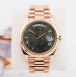 Rolex Day-Date 40 Rose Gold Olive Green Roman Dial & Fluted Bezel President Bracelet 228235 -