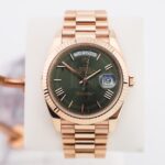 Rolex Day-Date 40 Rose Gold Olive Green Roman Dial & Fluted Bezel President Bracelet 228235 -