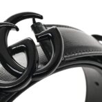 Azalea Calfskin Enamel Monochrome Double G 30mm Belt 105 42 Black - 图片 5