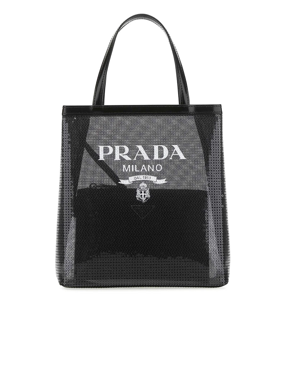 PRALOGOPRINTSEQUINTOTEBK_1.jpg Logo Print Sequin Tote Bag in Black - 图片 1