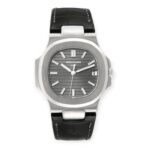 Patek Philippe Nautilus 18K White Gold Black Strap Mens Watch 5711