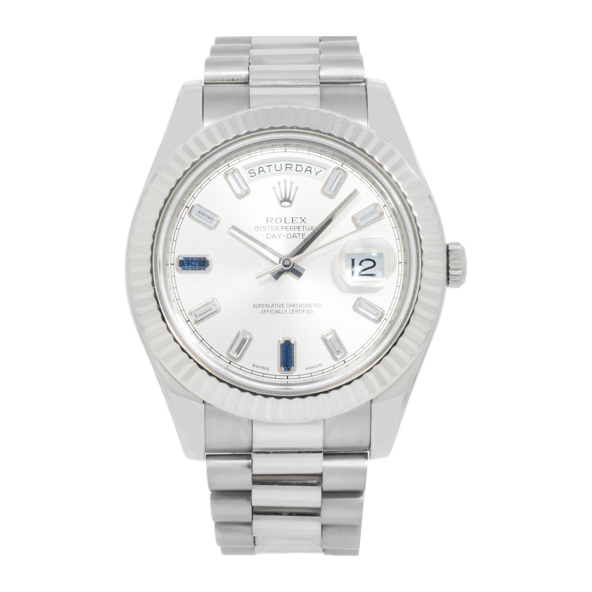 Pre-Owned-Rolex-Day-Date-II-White-Gold-Silver-Dial-with-Blue-Sapphire-Baguette-Markers-Ref_-218239-JD-Watches-NY.png Rolex Day-Date II – White Gold Silver Dial with Blue Sapphire & Baguette Markers Ref. 218239 - 图片 1