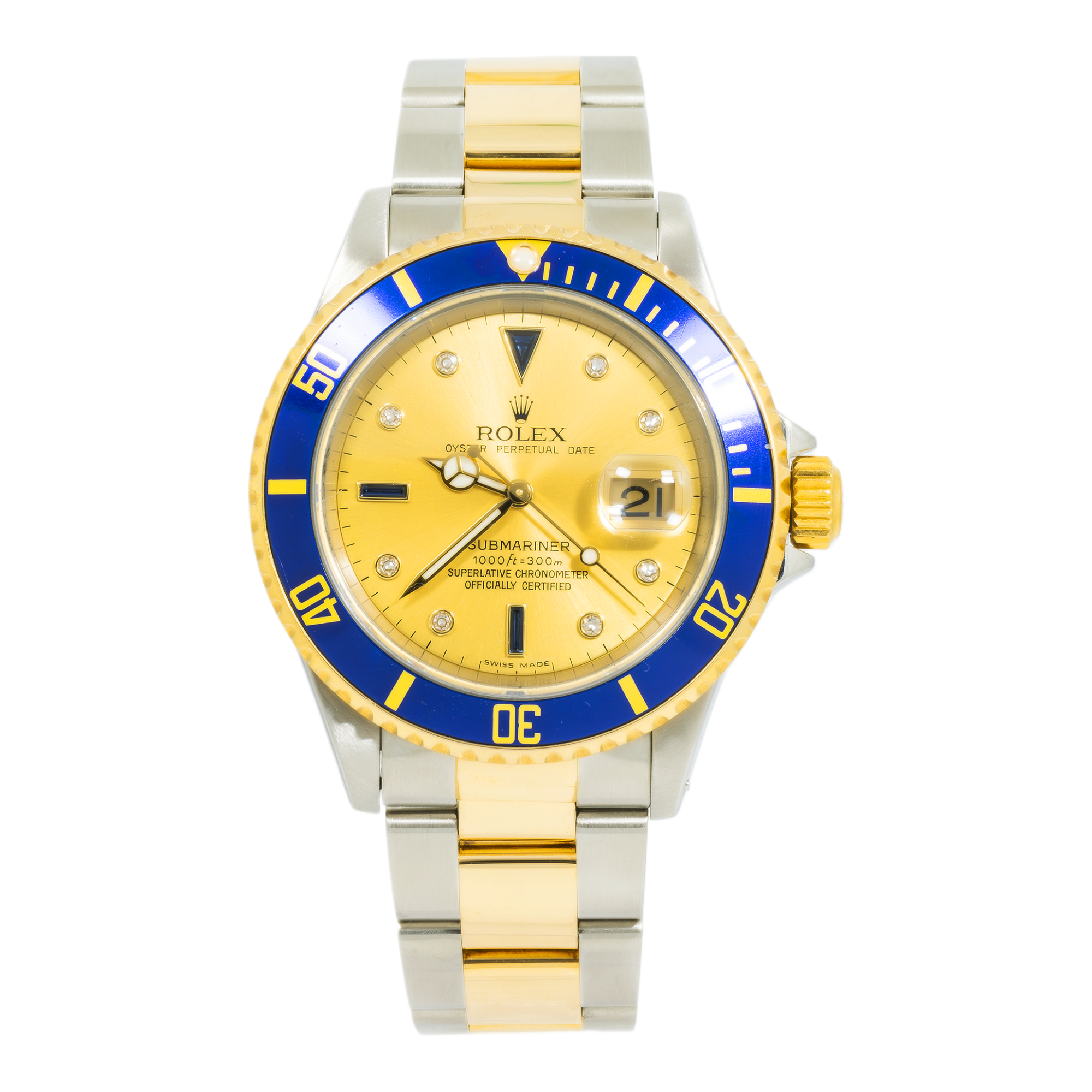 Pre-Owned-Rolex-Submariner-Two-Tone-16613-Champagne-Serti-Dial-Blue-Insert-Bezel-JD-Watches-NY.png Rolex Submariner Two Tone 16613 Champagne Serti Dial Blue Insert Bezel - 图片 1
