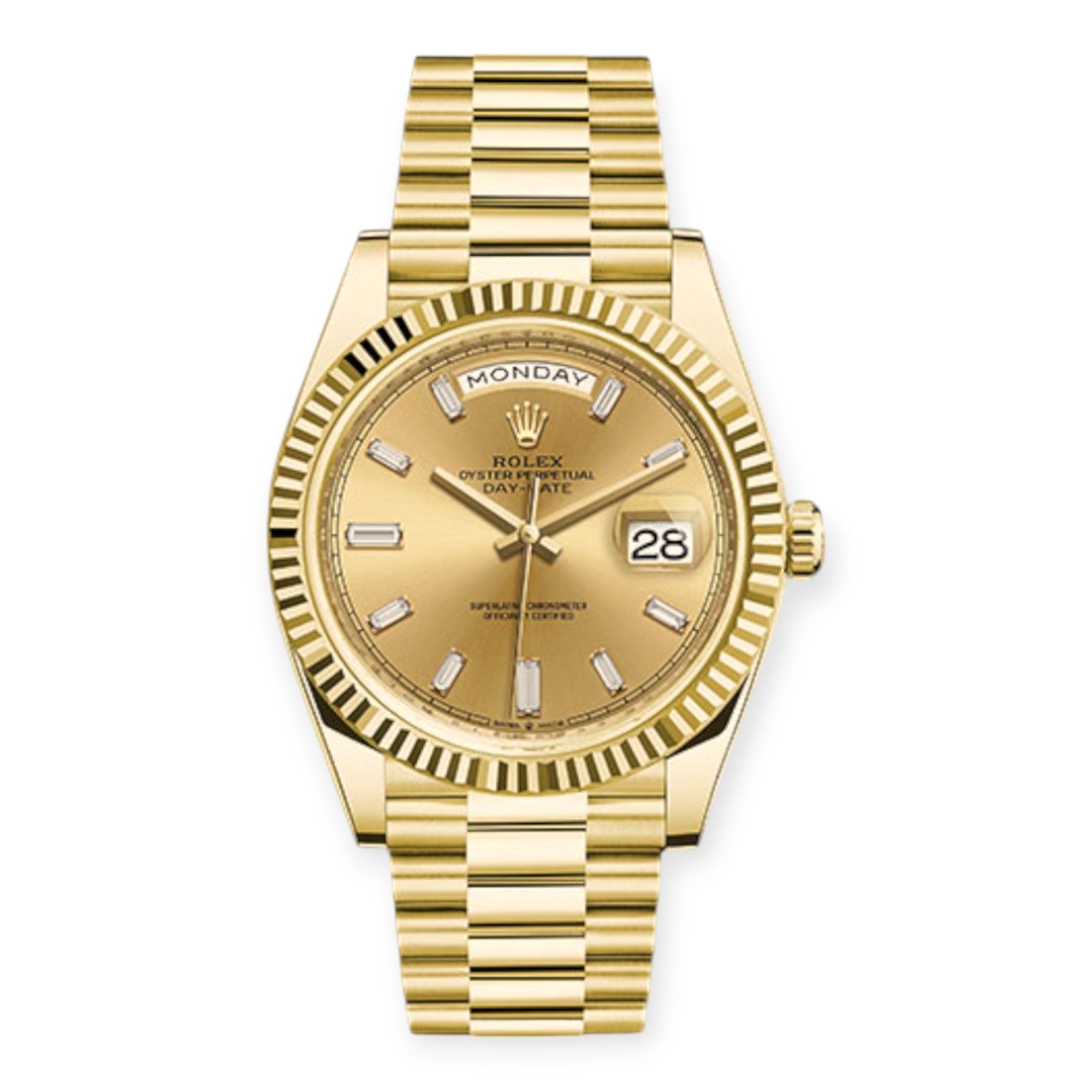 Pre-Owned-Rolex-Yellow-Gold-Day-Date-40-Watch-Champagne-Baguette-Diamond-Dial-President-Bracelet-JD-Watches-NY.jpg Rolex Yellow Gold Day-Date 40 Watch Champagne Baguette Diamond Dial - President Bracelet - 图片 1